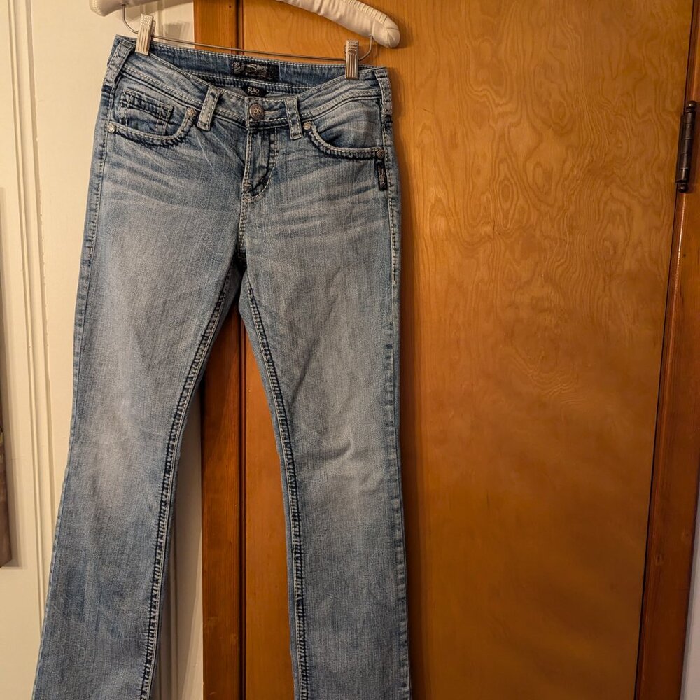 Silver Jeans faded(light wash) jeans, Suki High Baby Boot